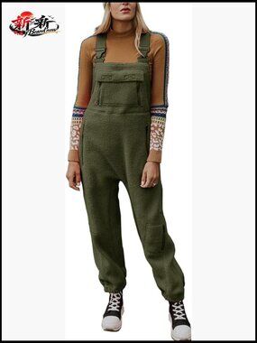 Fuzzy Fleece Overall Adjustable Strap Warm Winter Bib Overalls